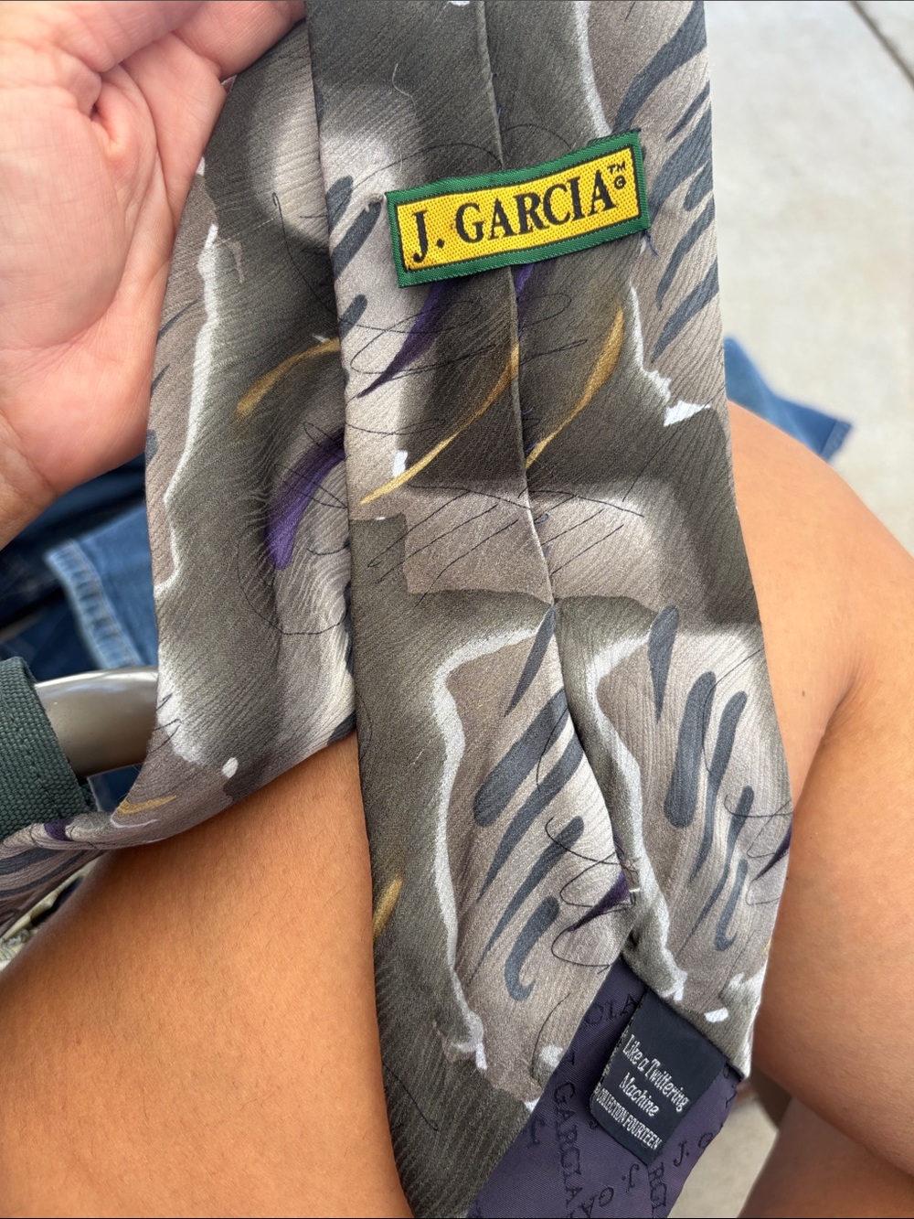 Vintage J. Garcia Olive Gray Abstract Silk Tie with Purple and Gold Accents